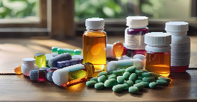 A close-up view of various dietary supplements including gummy vitamins and herbal powders on a wooden table, with a cannabis plant in the background and soft natural light.