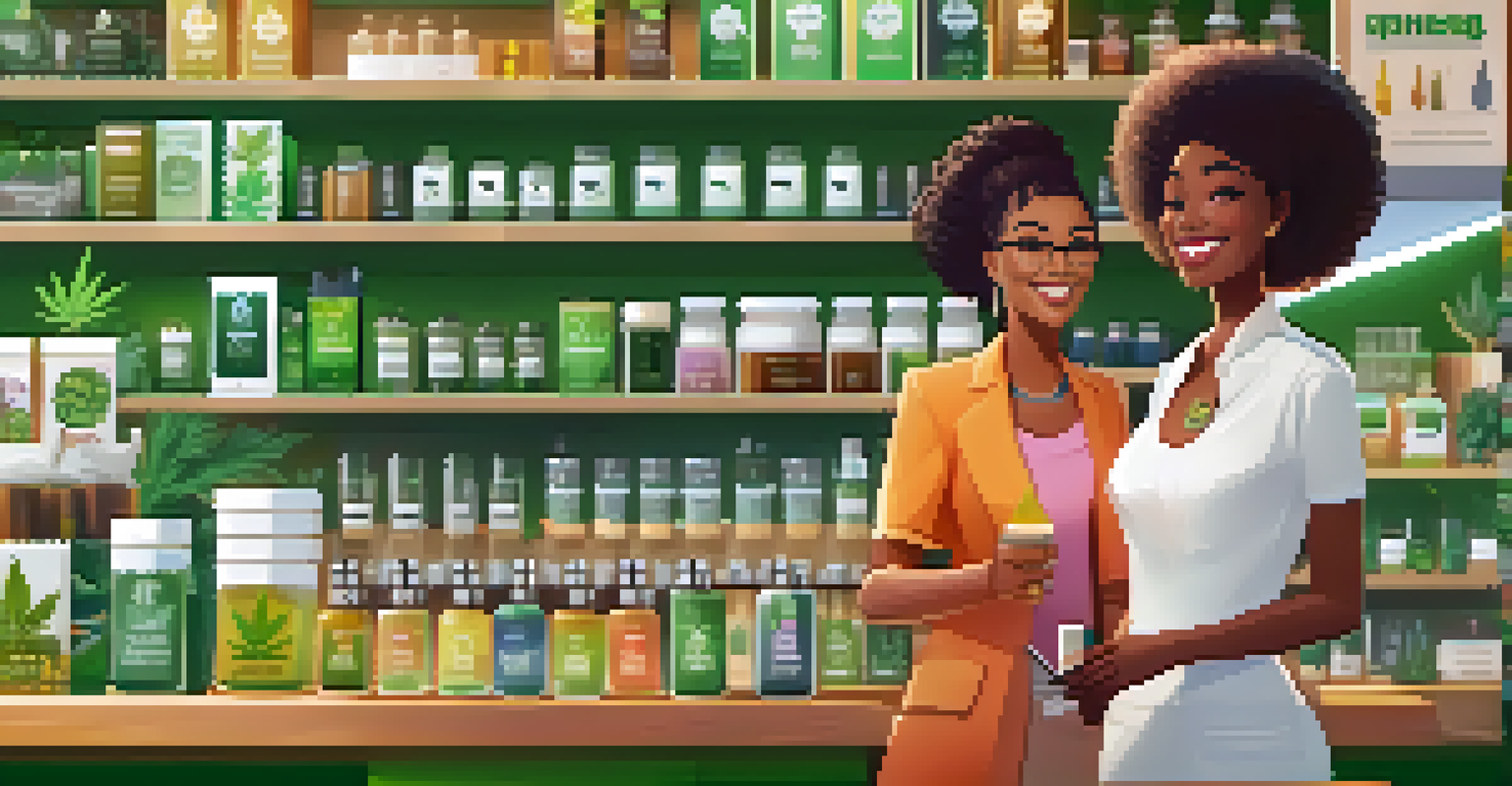 A female entrepreneur in a cannabis shop interacting with a customer amidst colorful product displays.