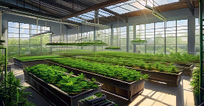 A bright and lively cannabis cultivation facility with rows of healthy green plants and sunlight pouring in through large windows, displaying gardening tools and rich soil.