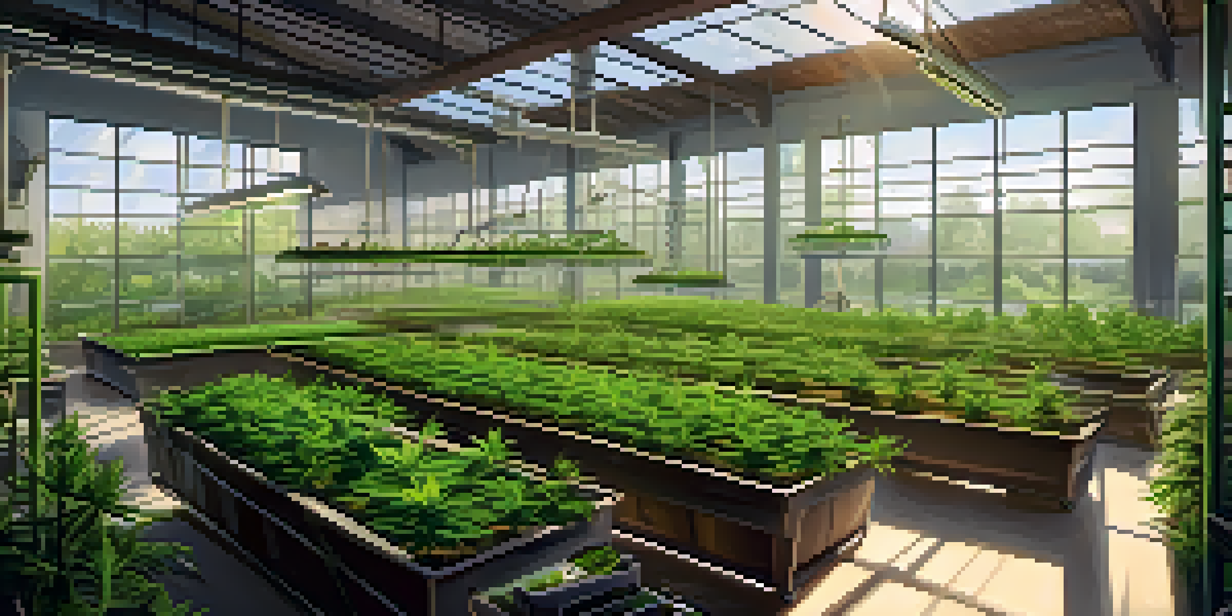 A bright and lively cannabis cultivation facility with rows of healthy green plants and sunlight pouring in through large windows, displaying gardening tools and rich soil.