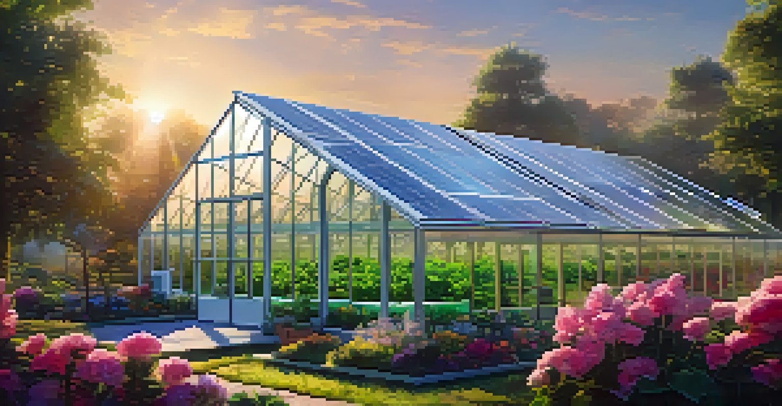 A greenhouse filled with cannabis plants under a sunny sky, equipped with solar panels and a wind turbine nearby.