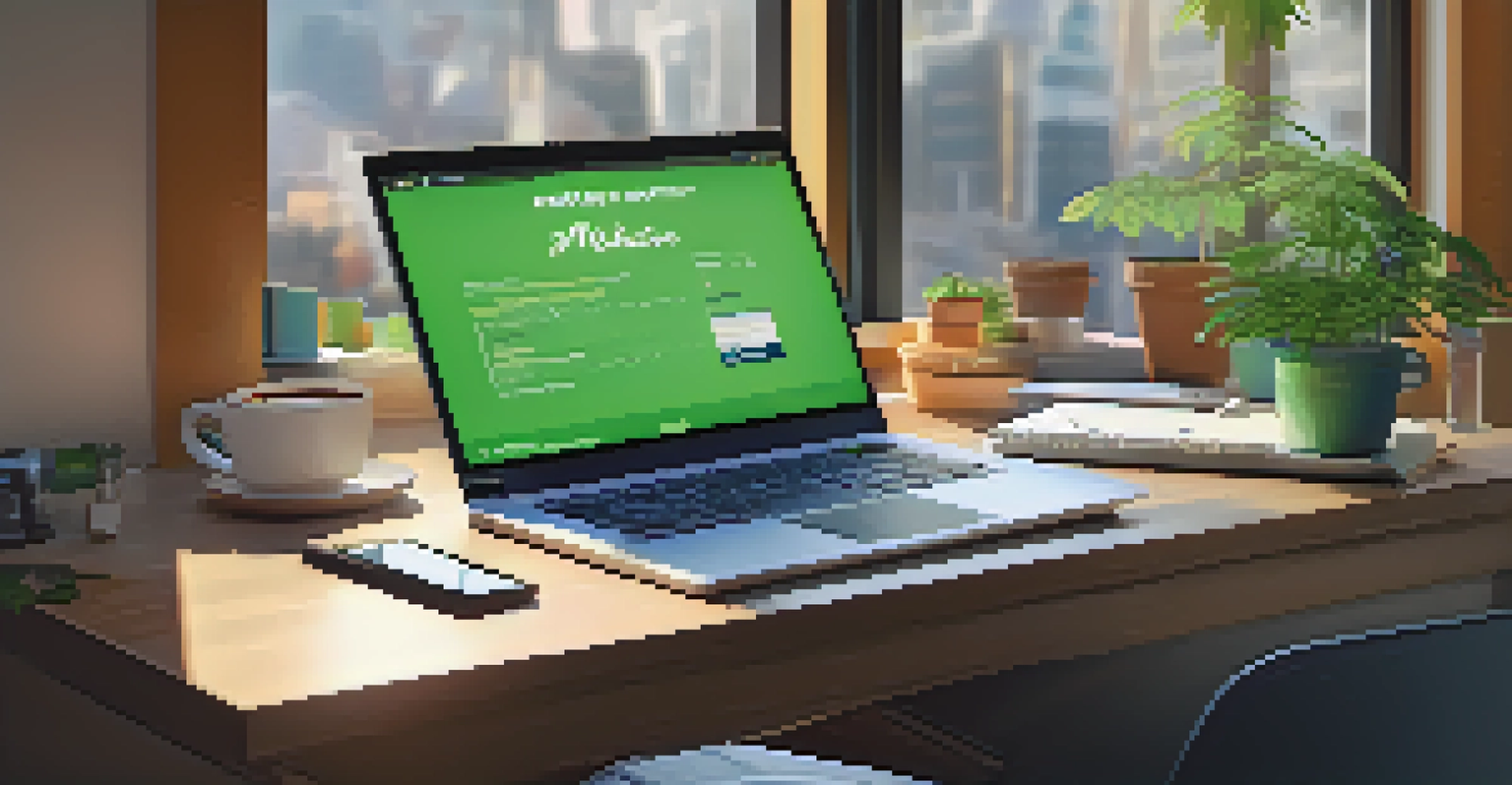 A workspace featuring a laptop with an email marketing dashboard, a notepad, coffee cup, and a small cannabis plant.