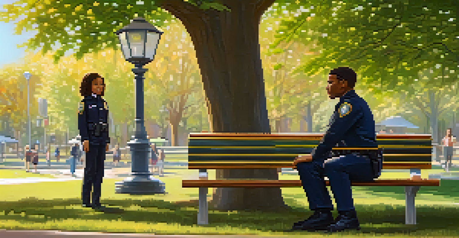 A law enforcement officer talking respectfully with a young adult in a park setting.