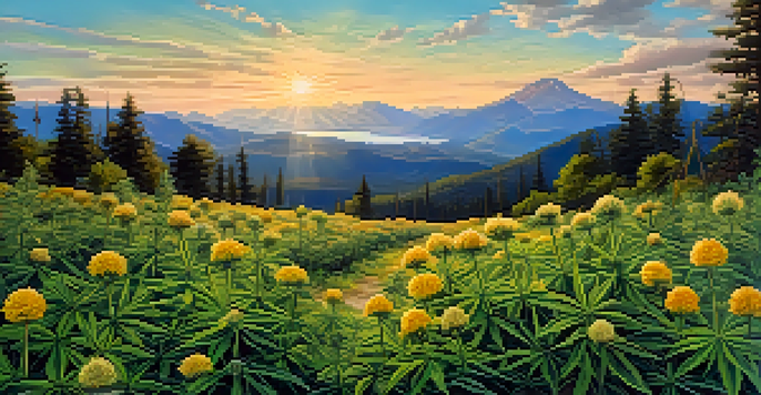 A peaceful landscape with cannabis plants and wildflowers under a sunset sky.