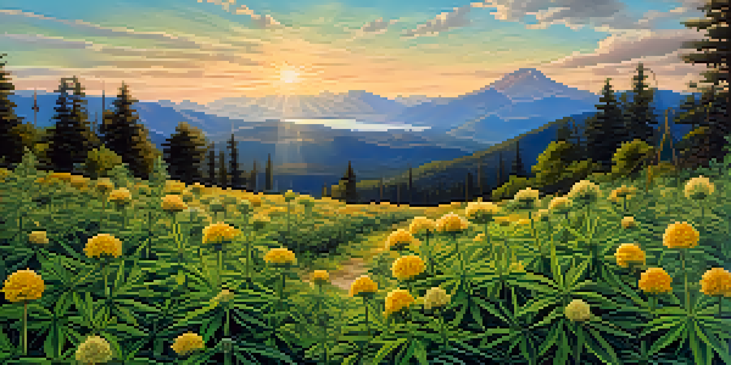 A peaceful landscape with cannabis plants and wildflowers under a sunset sky.
