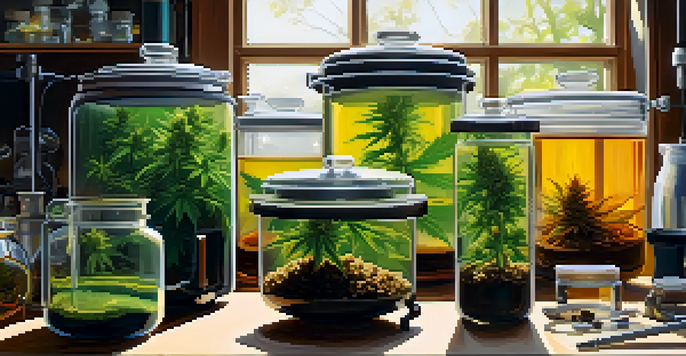 A clean workspace for making cannabis concentrates, showing a double boiler, cannabis jars, and extraction tools.