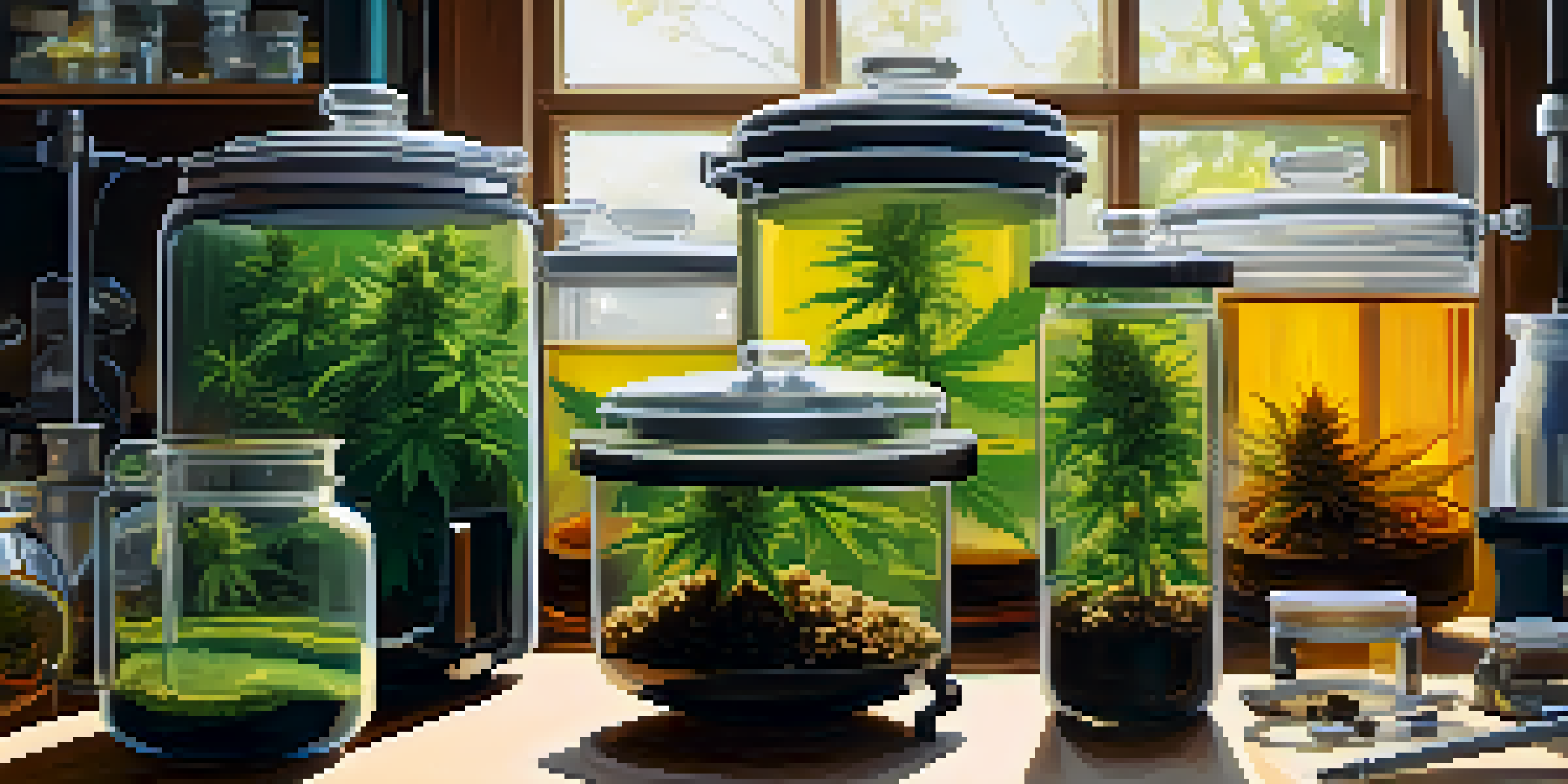 A clean workspace for making cannabis concentrates, showing a double boiler, cannabis jars, and extraction tools.