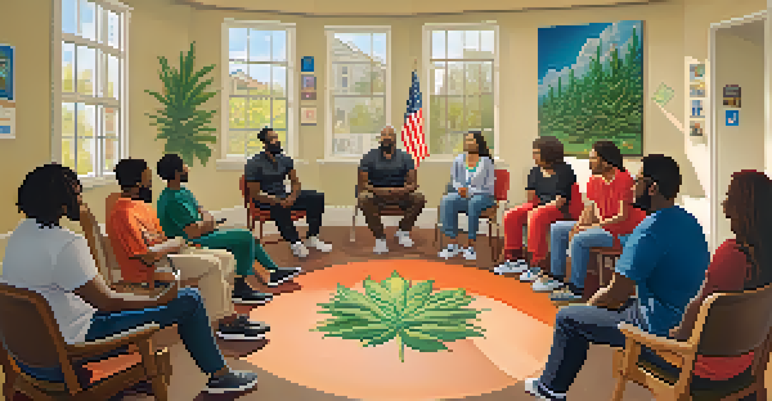 A diverse group of individuals engaged in a supportive therapy session, sitting in a circle in a well-lit room.