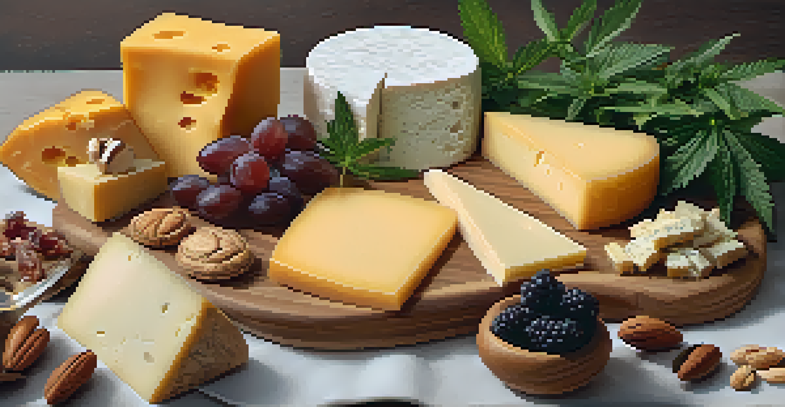 A colorful cheese board with various cheeses, cannabis strains, nuts, and dried fruits arranged invitingly.