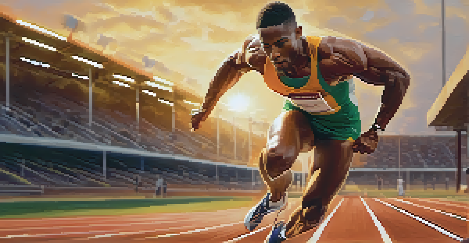An athlete sprinting on a track field with a focused expression, set against a sunset background.