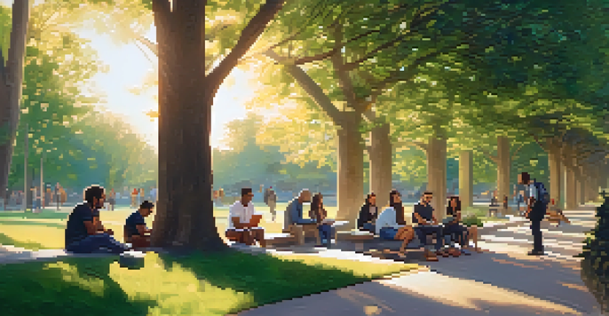 A diverse group of people in a park discussing mental health and marijuana, with trees and soft sunlight around them.