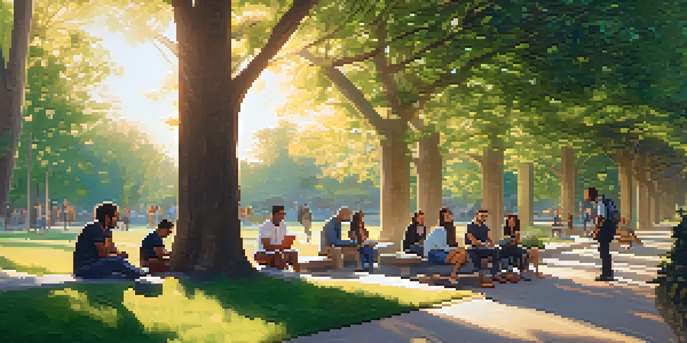 A diverse group of people in a park discussing mental health and marijuana, with trees and soft sunlight around them.