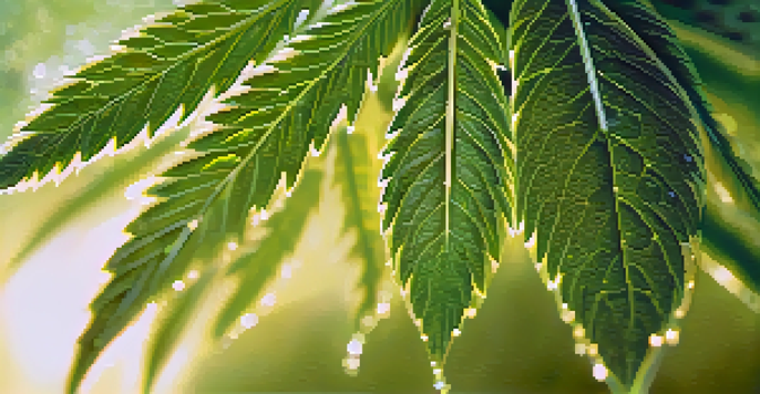 Close-up of a cannabis leaf with morning dew in soft golden sunlight.