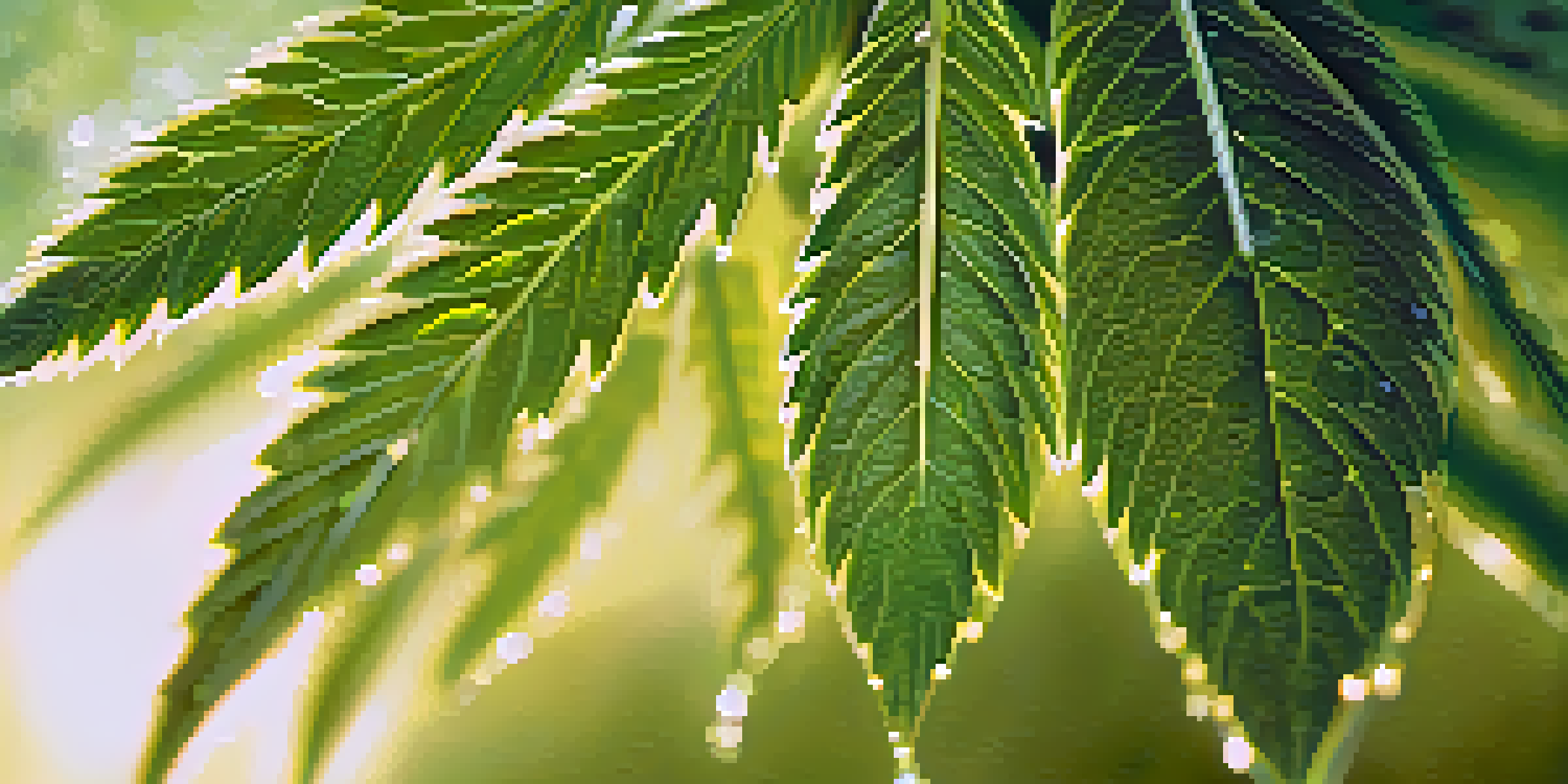Close-up of a cannabis leaf with morning dew in soft golden sunlight.