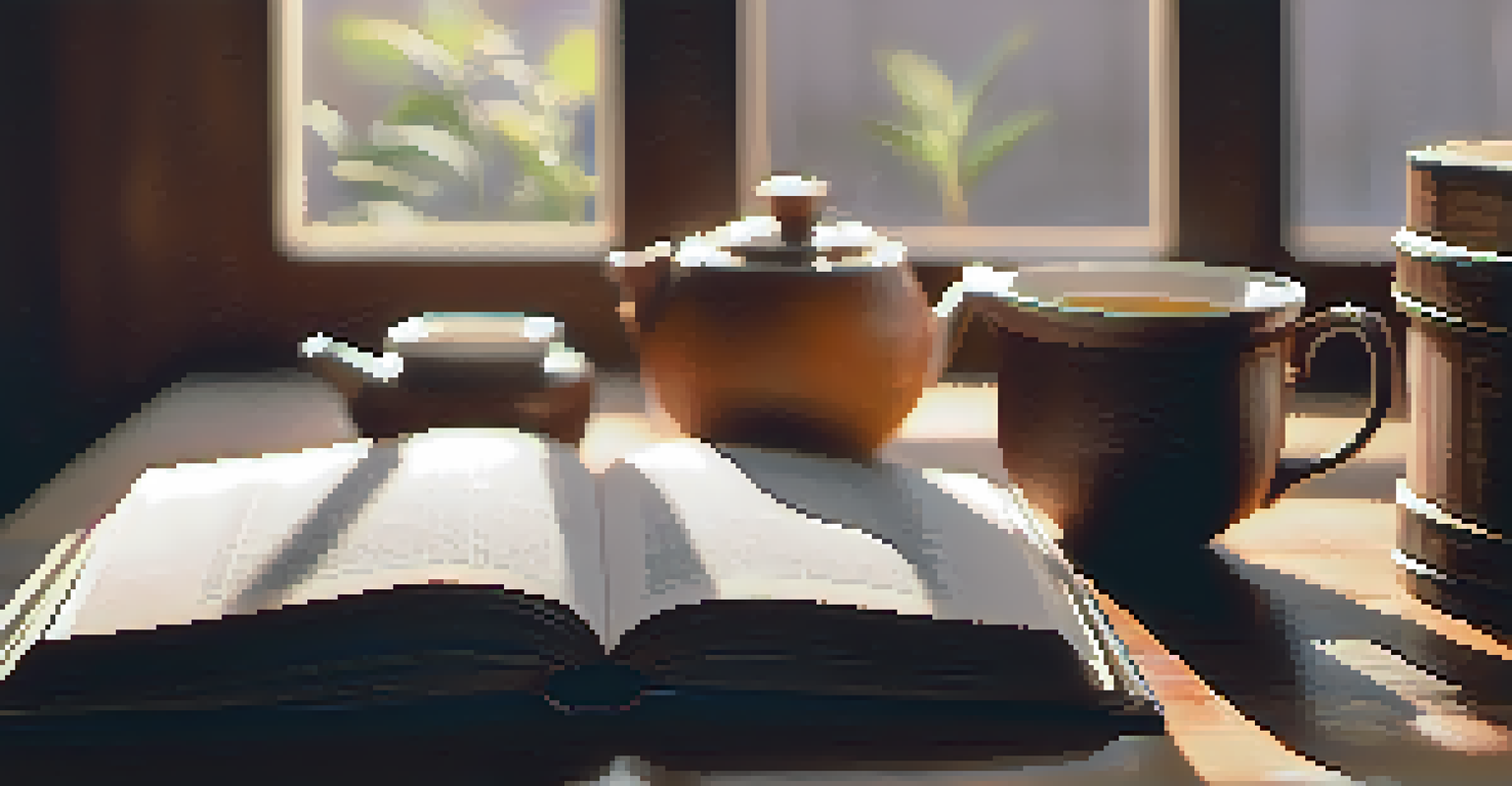 An open book on a wooden table with a cup of tea and a potted plant, illuminated by soft sunlight.