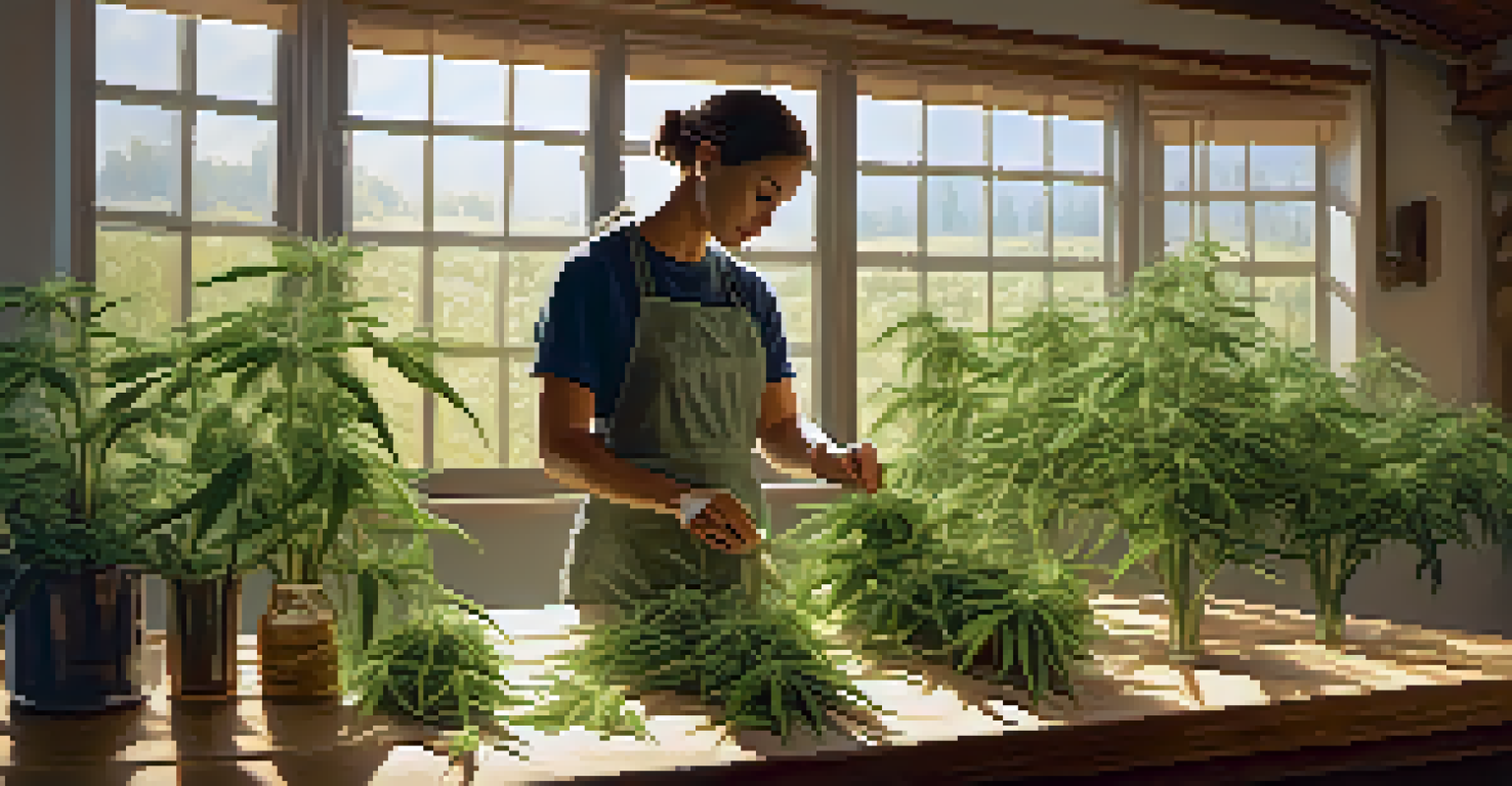 A person harvesting cannabis plants with glass jars for storage, emphasizing eco-friendly practices in a sunlit room.