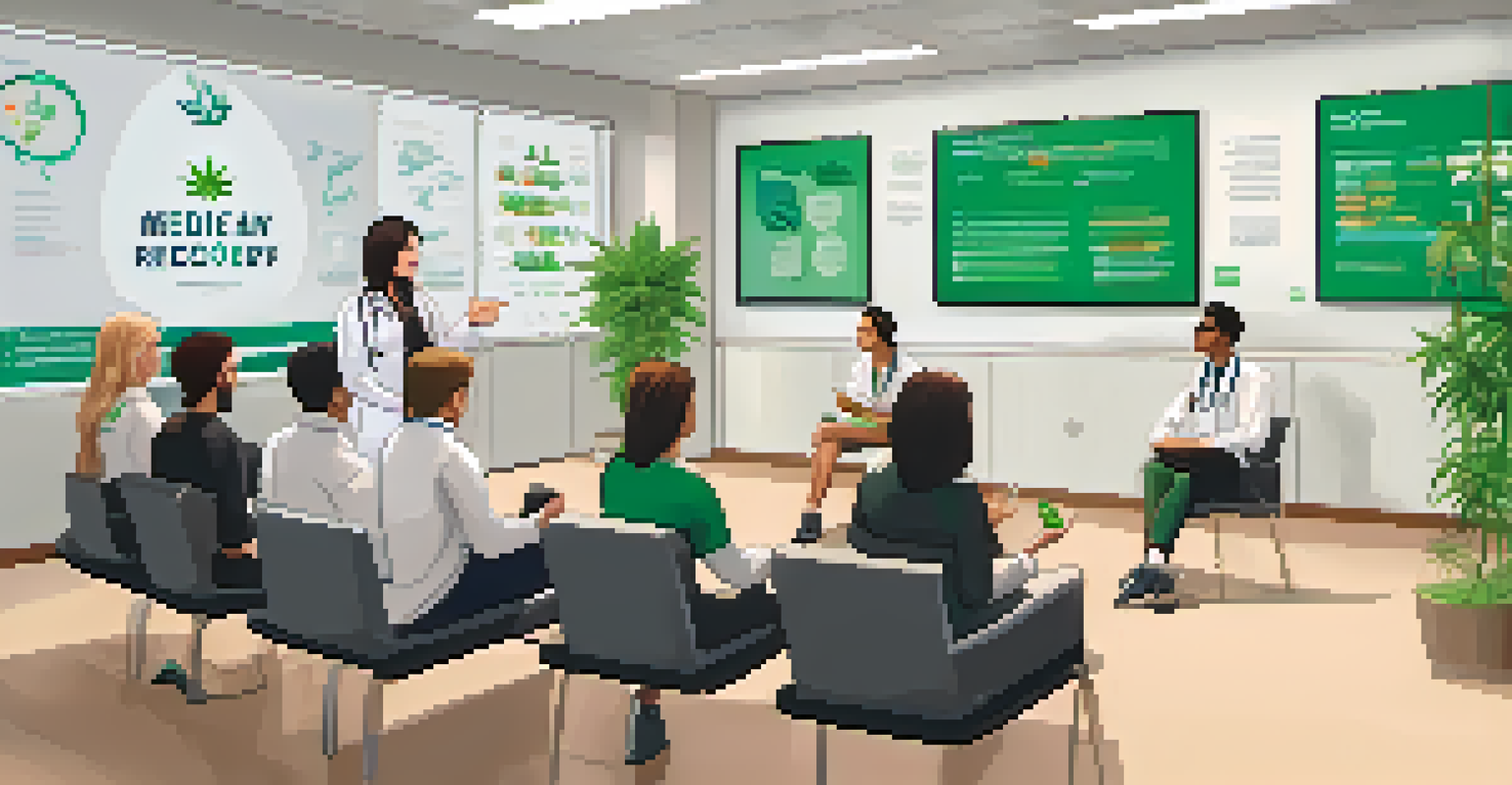 A medical professional explaining cannabis benefits to a diverse group of athletes in a bright clinic.