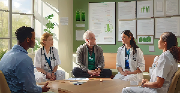 A healthcare provider discusses pain management options with diverse patients in a warmly lit room filled with plants and a whiteboard.