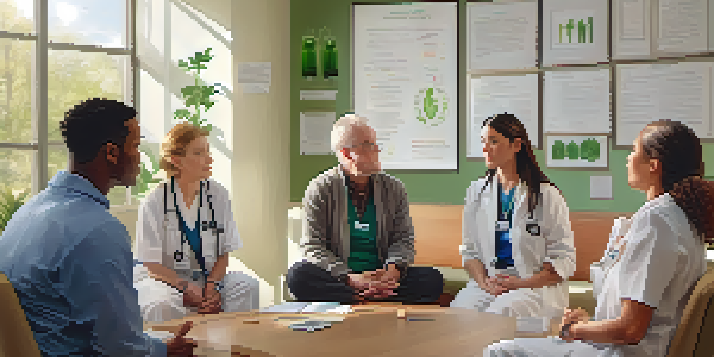 A healthcare provider discusses pain management options with diverse patients in a warmly lit room filled with plants and a whiteboard.