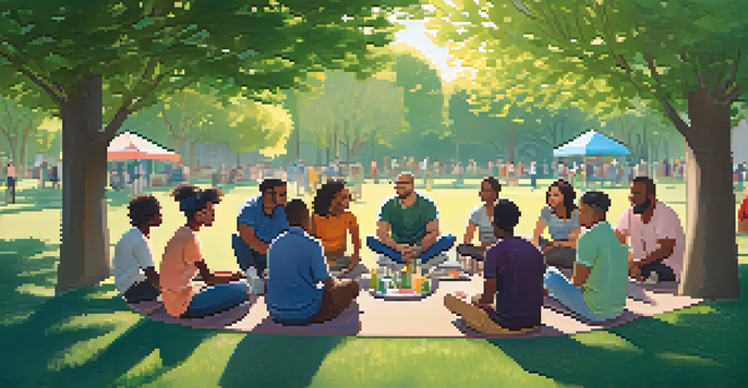 A diverse group of people sharing personal stories about mental health in a sunny park setting, surrounded by greenery.