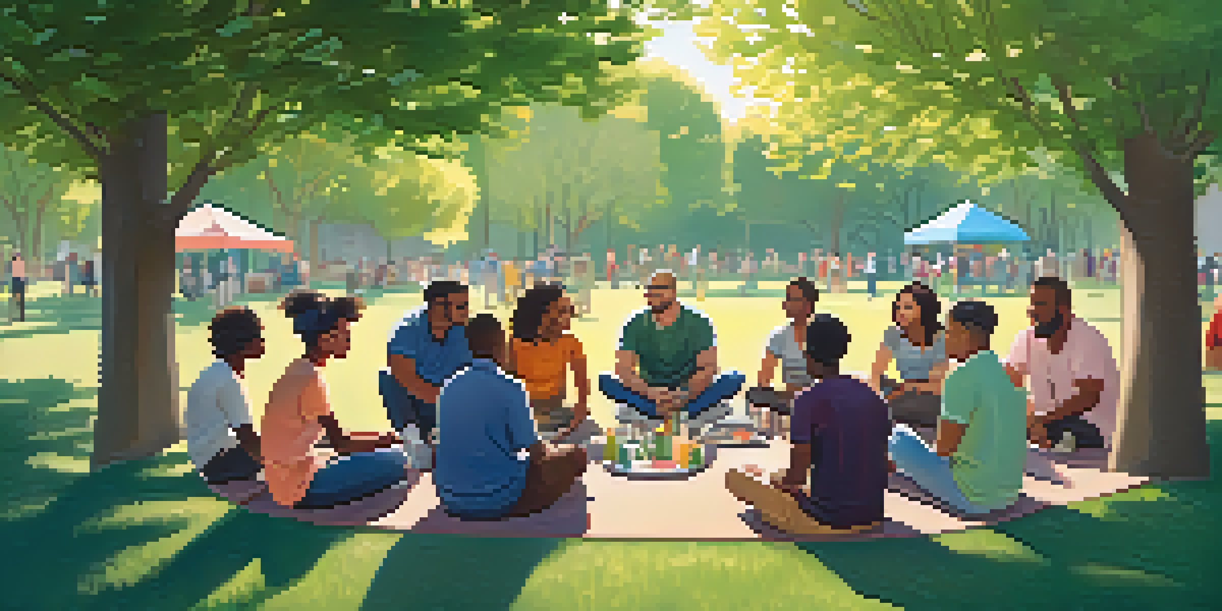 A diverse group of people sharing personal stories about mental health in a sunny park setting, surrounded by greenery.