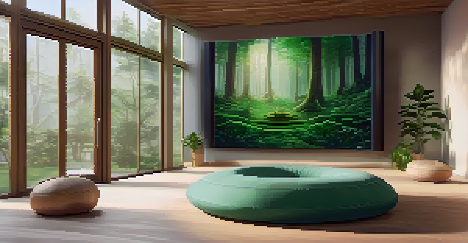 A cozy meditation space with a cushion, soft lighting, and virtual reality gear, creating a calming atmosphere enhanced by indoor plants.