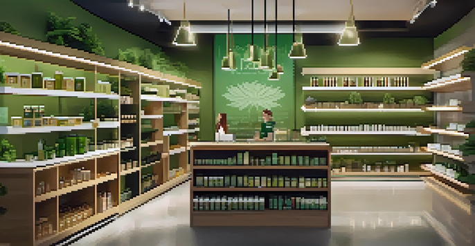 A calming interior of a cannabis dispensary with diverse products and natural light.
