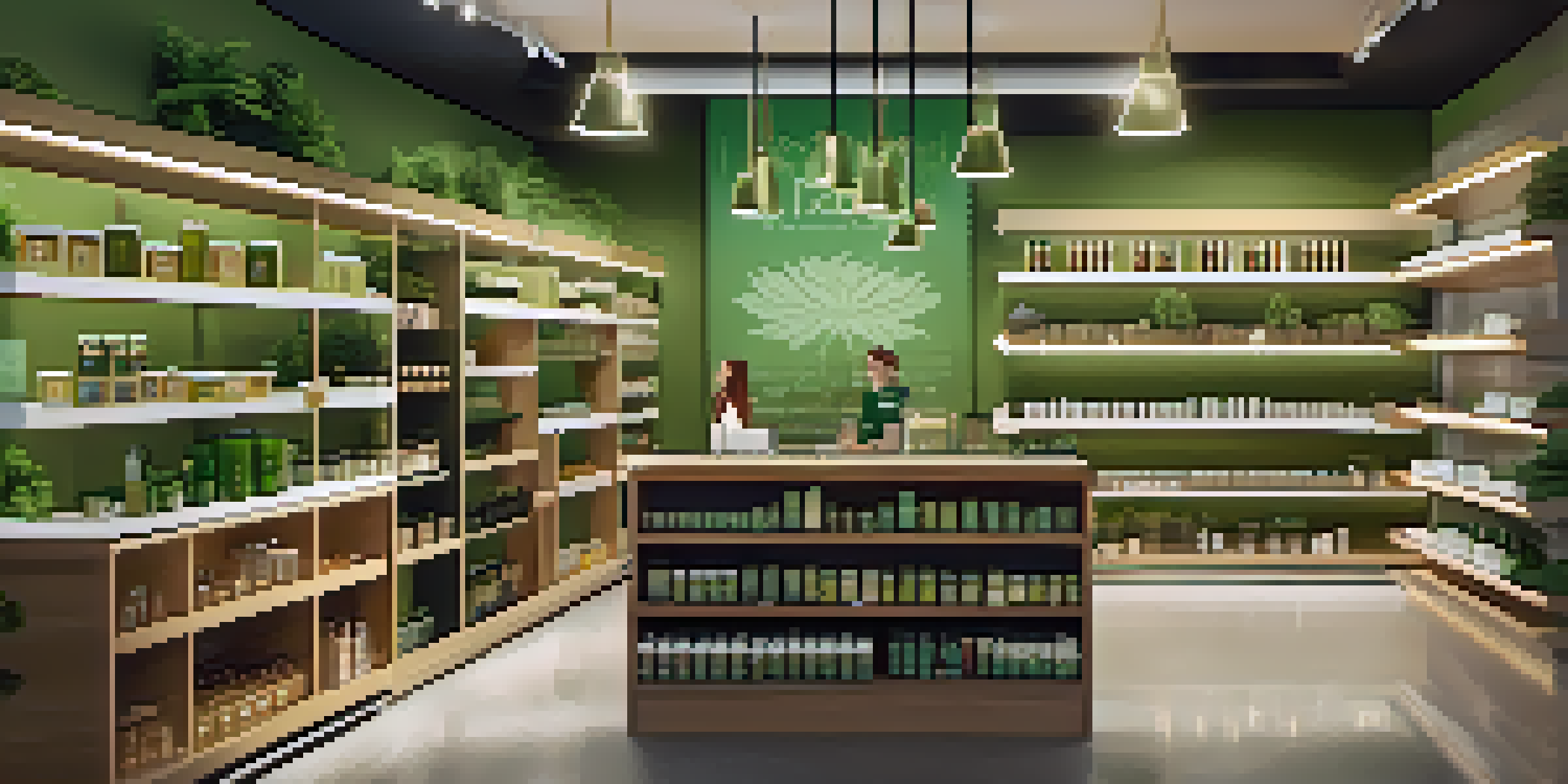 A calming interior of a cannabis dispensary with diverse products and natural light.