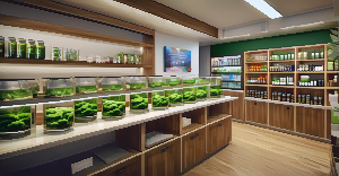 A bright and welcoming interior of a medical marijuana dispensary, with shelves full of colorful cannabis products and friendly staff helping diverse customers.