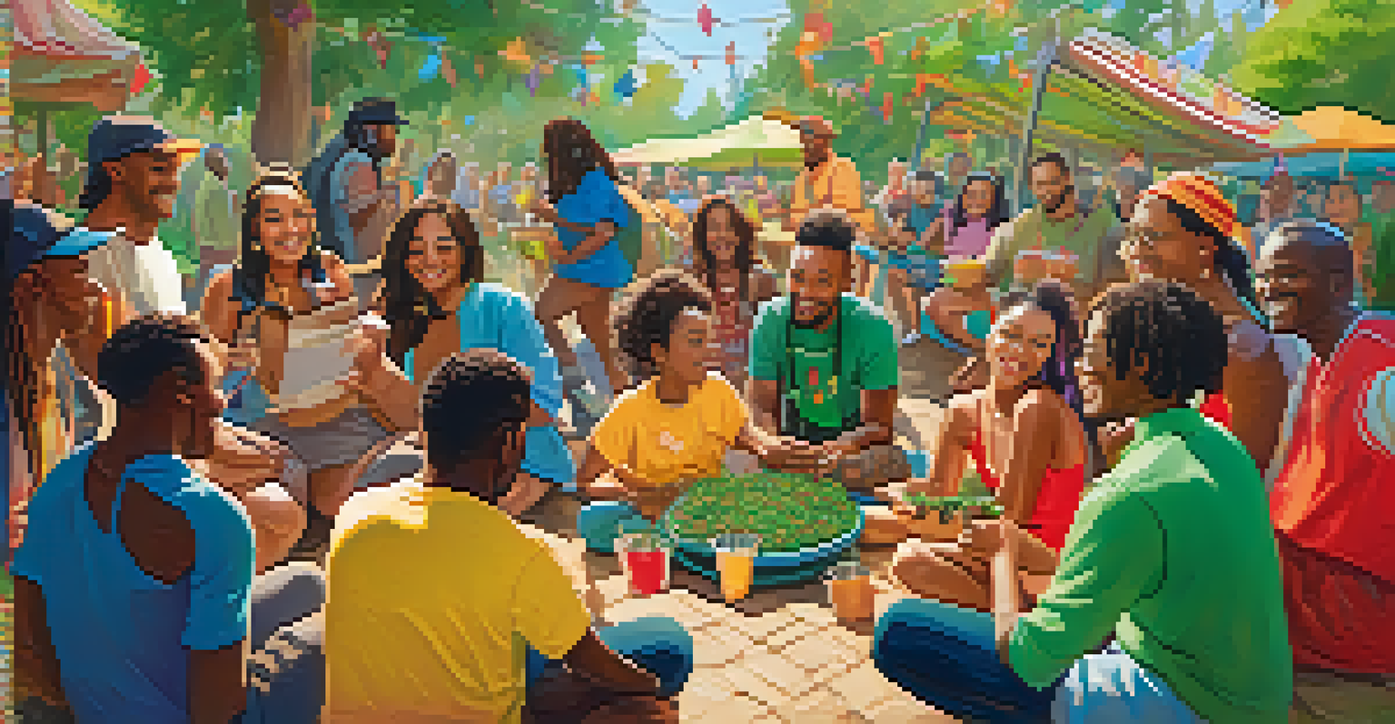 A lively drum circle with diverse participants sharing cannabis-infused treats, surrounded by colorful decorations and warm lighting.