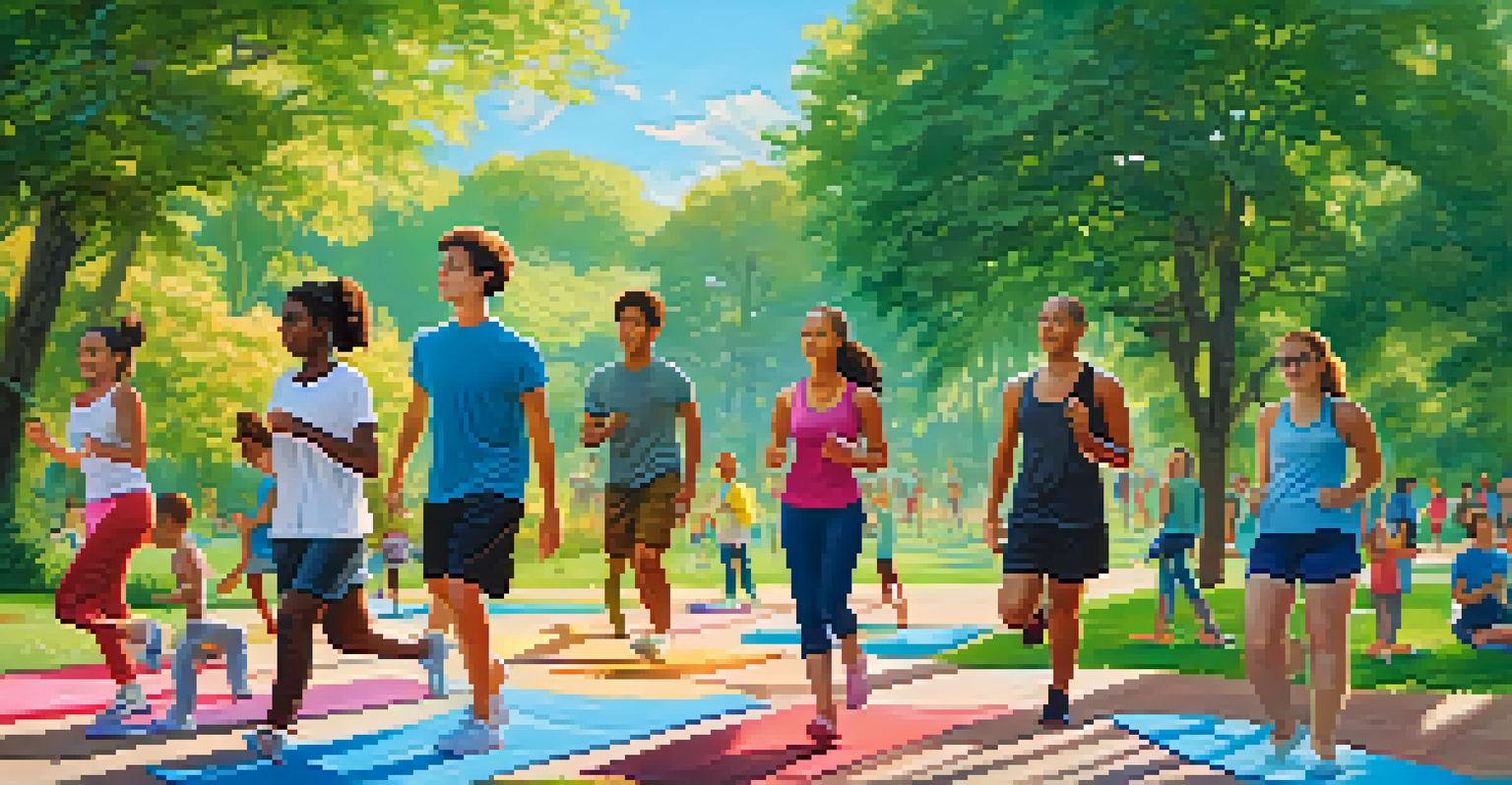 A vibrant park scene with young people practicing yoga, jogging, and discussing academic pressures in a healthy environment.
