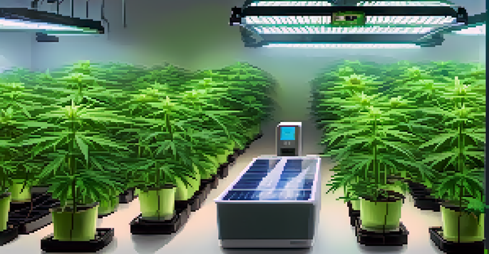 A hydroponic system for growing cannabis with LED lights and visible solar panels outside.