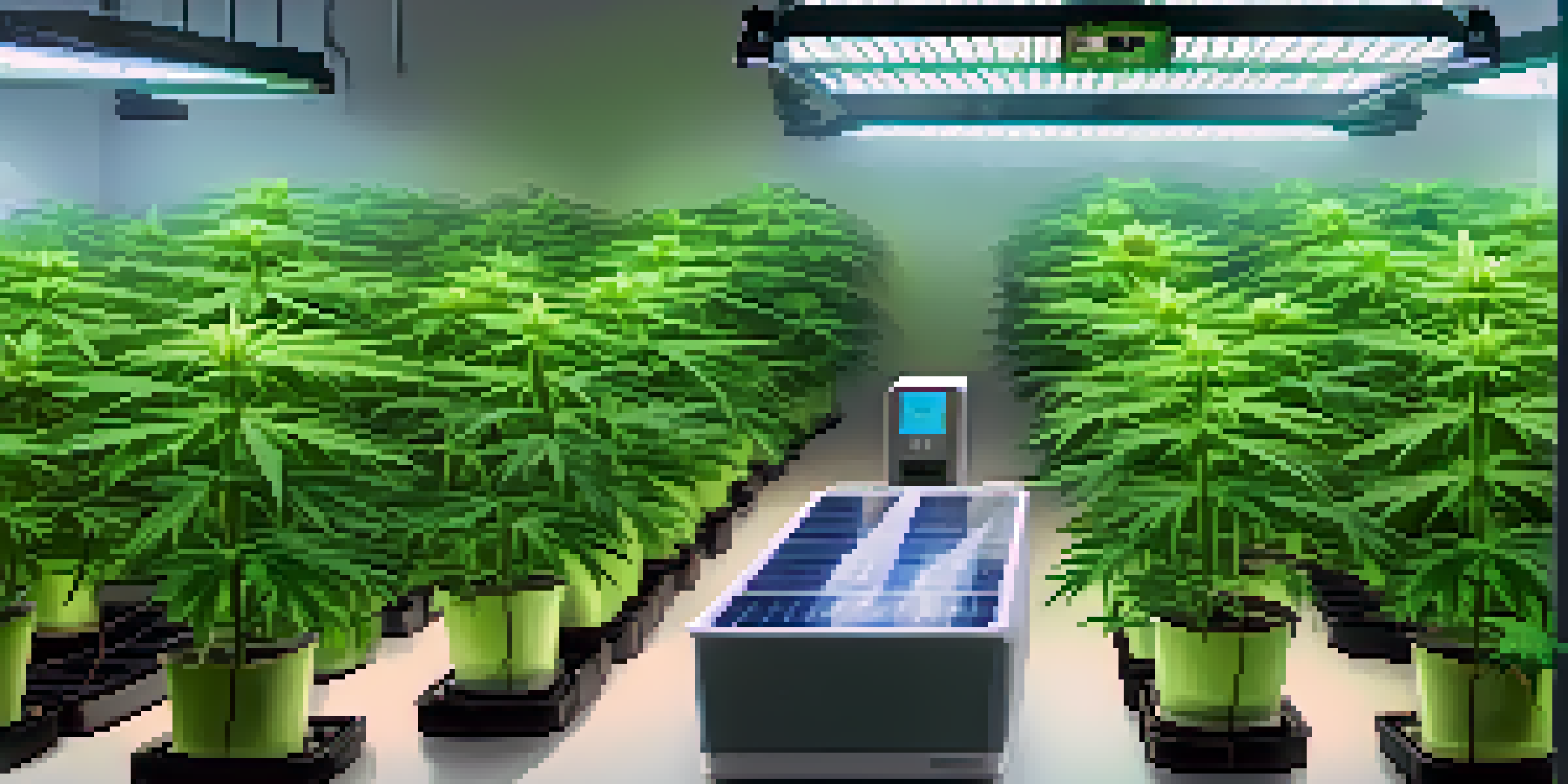 A hydroponic system for growing cannabis with LED lights and visible solar panels outside.
