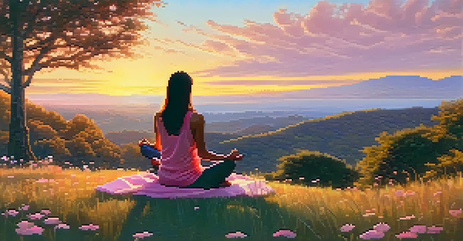 A person meditating on a grassy hilltop at sunset, surrounded by nature in warm hues of orange and pink.