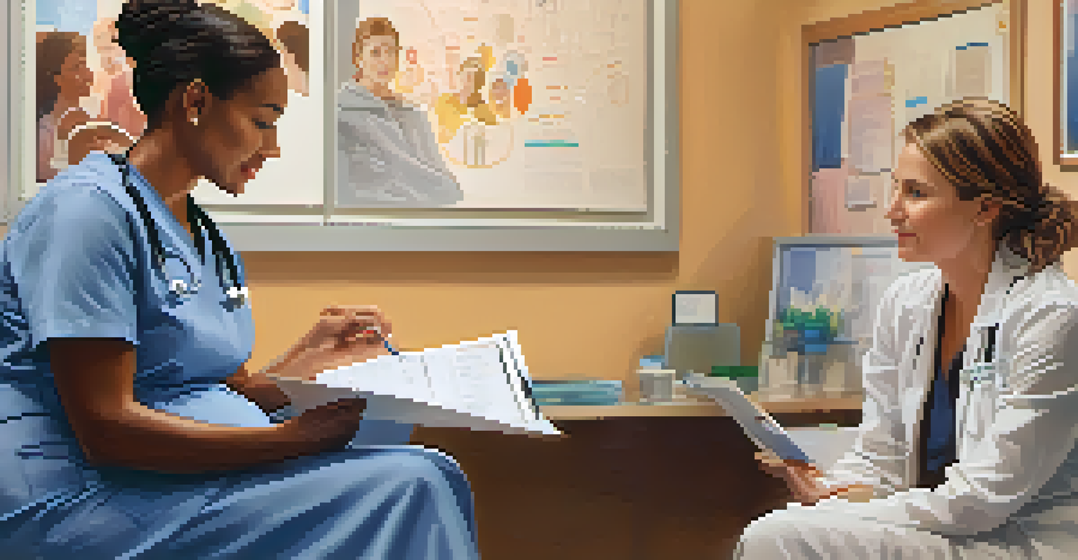 A healthcare provider and a pregnant woman discussing in a cozy clinic, with a chart and warm decor.