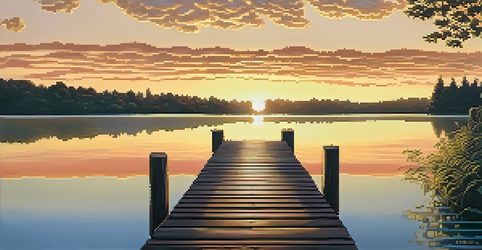 A tranquil lake at sunset with green trees, a wooden dock, and vibrant reflections on the water.