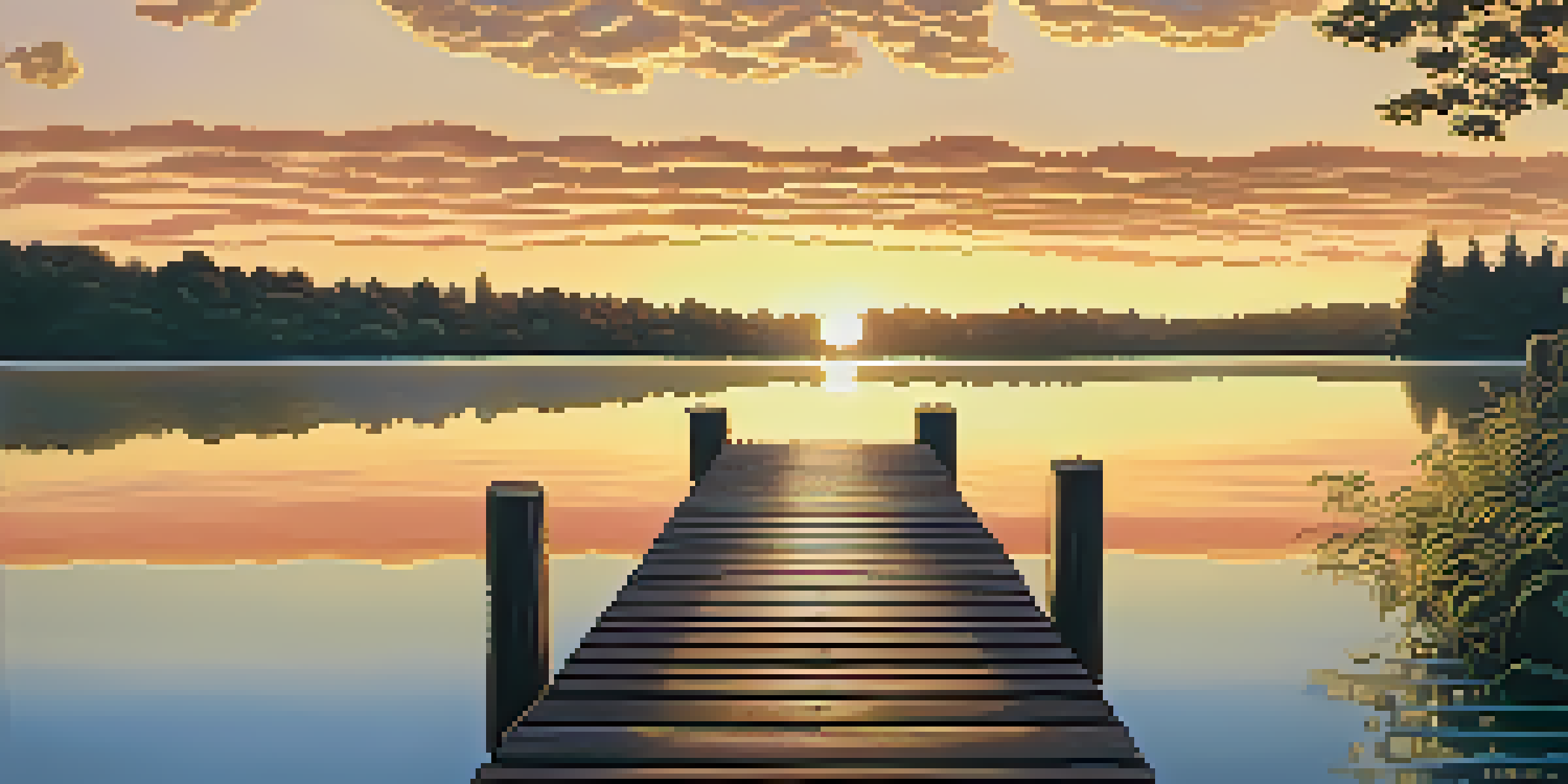 A tranquil lake at sunset with green trees, a wooden dock, and vibrant reflections on the water.