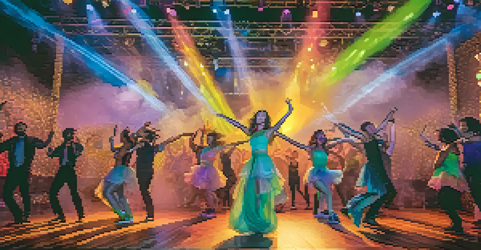 A vibrant performance art scene with dancers and colorful lights, illustrating the energy of creativity.