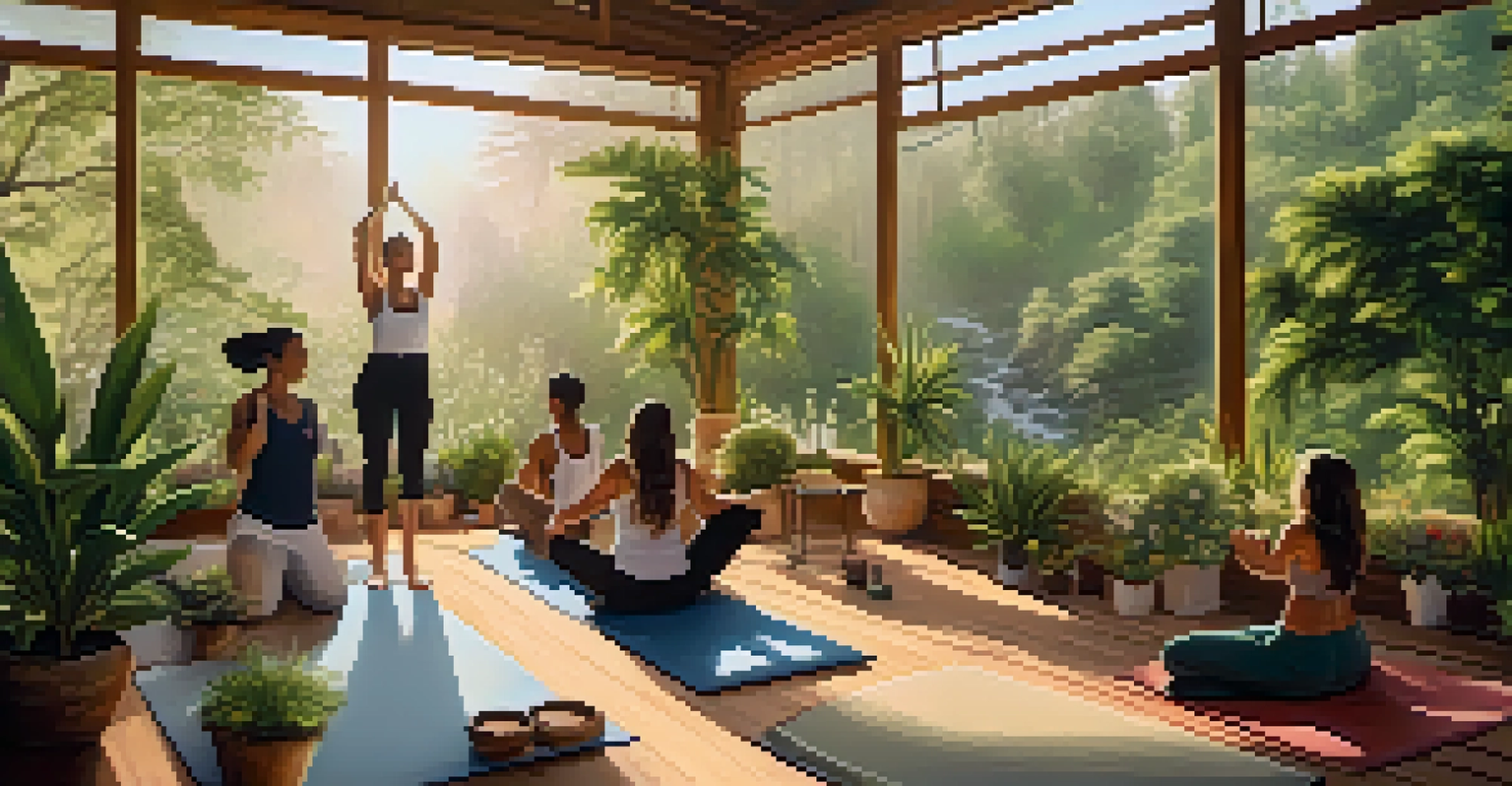 A peaceful outdoor yoga class at a wellness retreat surrounded by cannabis plants.