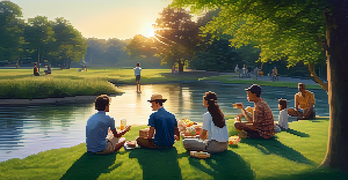 A peaceful park with a stream and people having a picnic during sunset, creating a warm and inviting atmosphere.