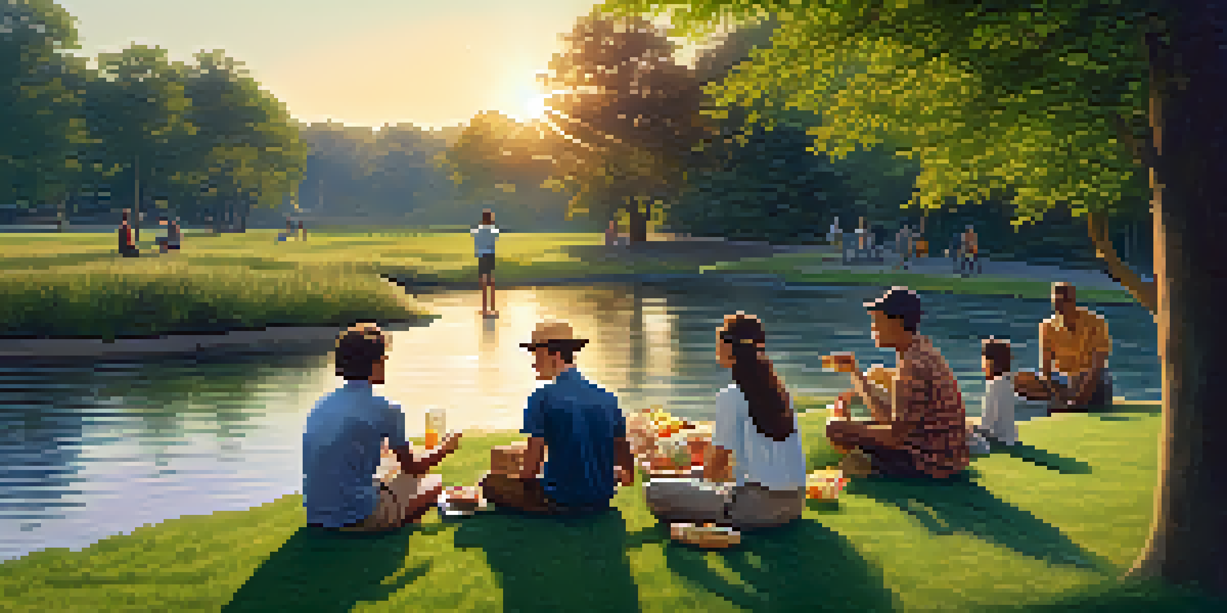 A peaceful park with a stream and people having a picnic during sunset, creating a warm and inviting atmosphere.