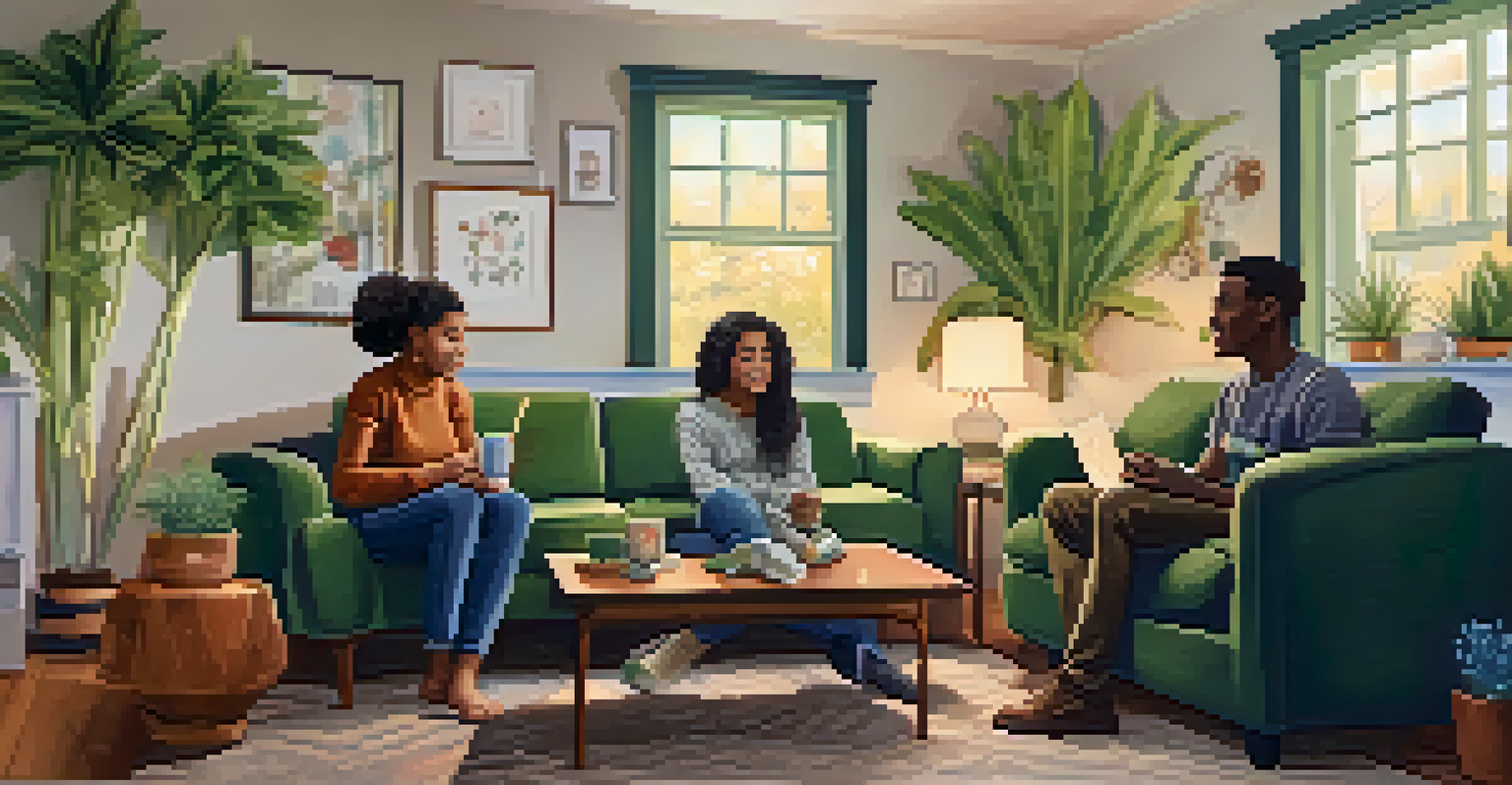 A parent and teenager sitting in a cozy living room, engaged in a heartfelt conversation about marijuana.