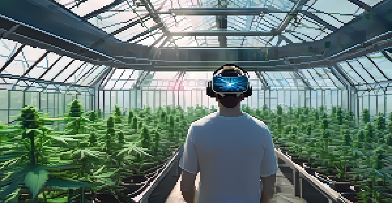 A user in a virtual greenhouse wearing a VR headset, exploring holographic cannabis plants with educational details around them.
