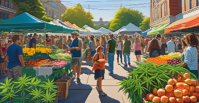 A lively farmer's market with cannabis plants and colorful stalls, under a sunny sky.
