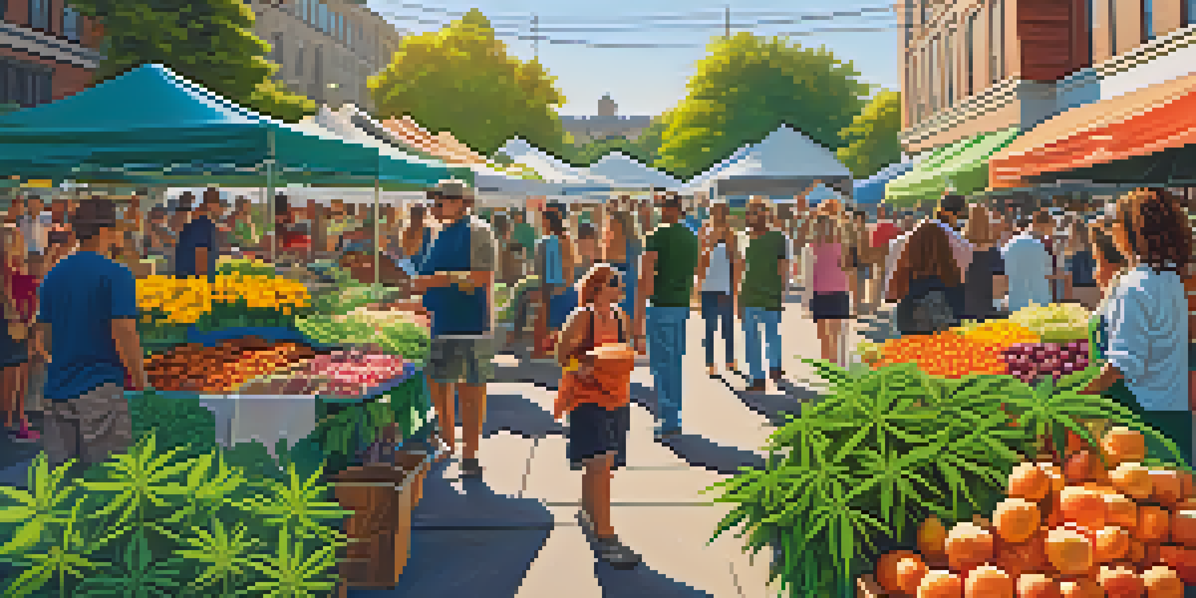 A lively farmer's market with cannabis plants and colorful stalls, under a sunny sky.