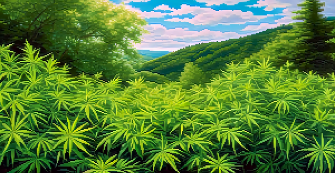 A serene landscape with a field of lush green marijuana plants under a bright blue sky, with close-up leaves glistening in the sunlight and wildflowers in the background.