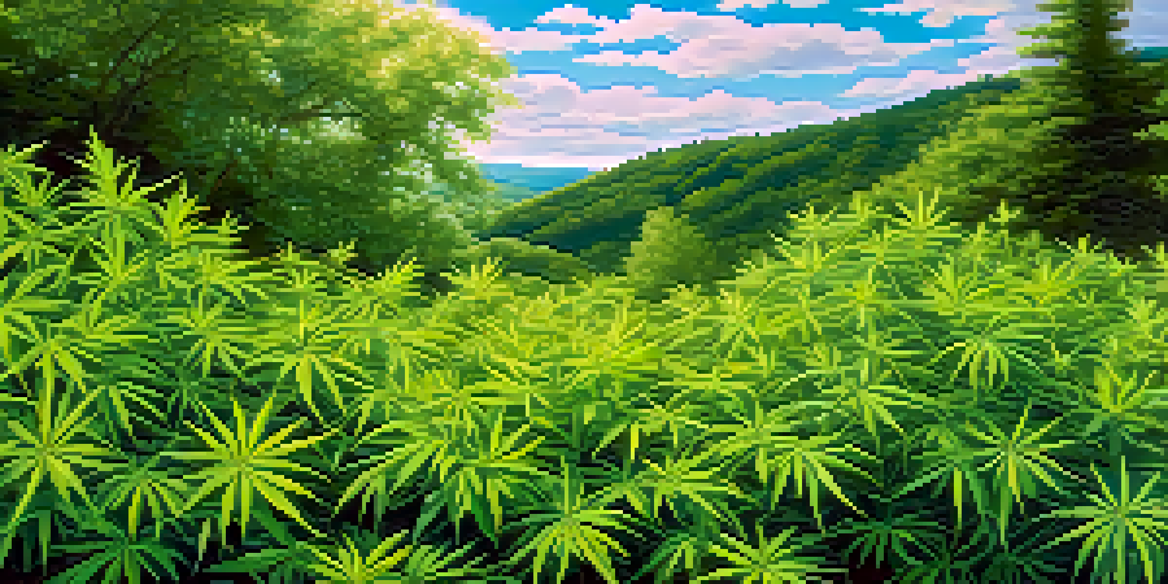 A serene landscape with a field of lush green marijuana plants under a bright blue sky, with close-up leaves glistening in the sunlight and wildflowers in the background.