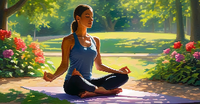 A person meditating in a peaceful park surrounded by greenery and flowers, with sunlight filtering through trees.