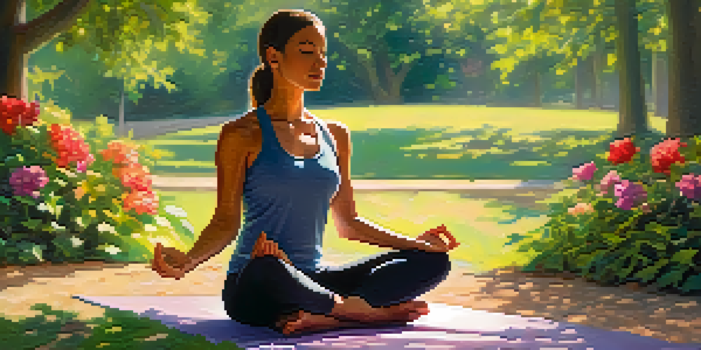A person meditating in a peaceful park surrounded by greenery and flowers, with sunlight filtering through trees.
