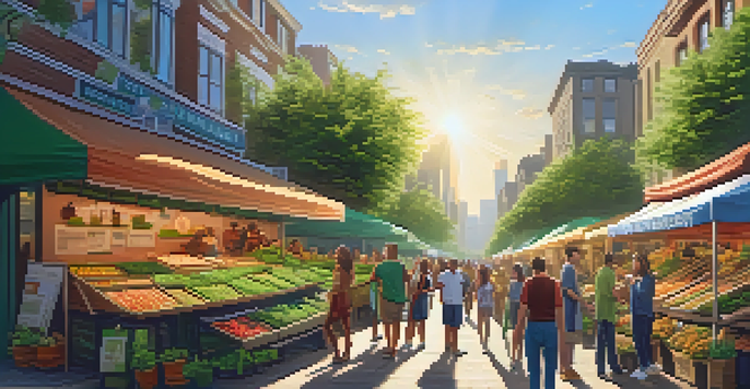 A lively city street market with diverse people talking and colorful stalls selling cannabis products under a sunny sky.